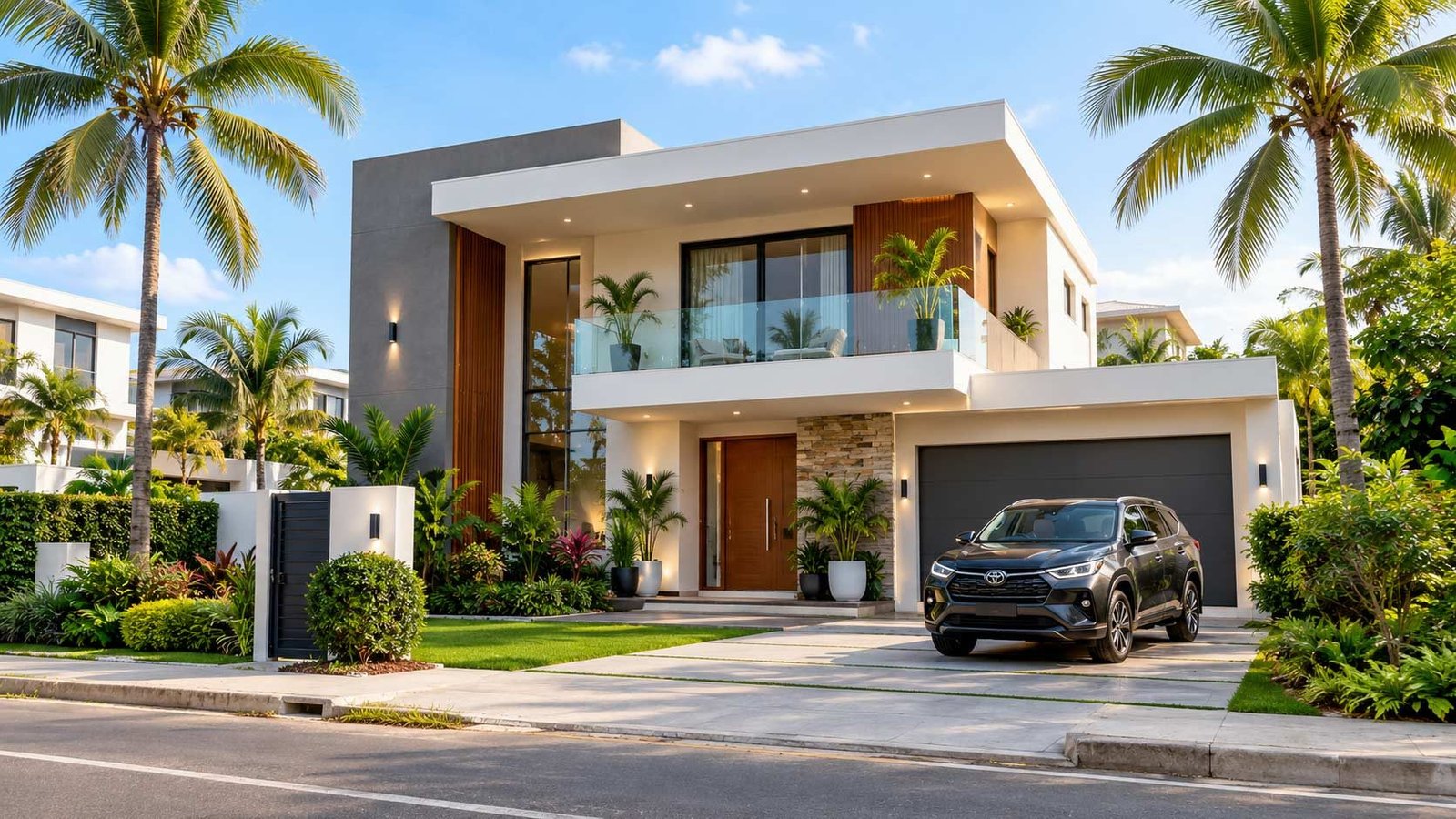 Villa moderne avec SUV garé devant le garage, entourée de palmiers