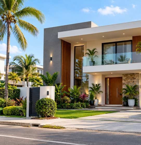 Villa moderne avec palmiers et jardin tropical