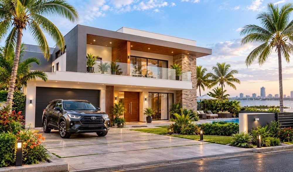 Villa moderne en bord de lagune avec un SUV Toyota devant le garage